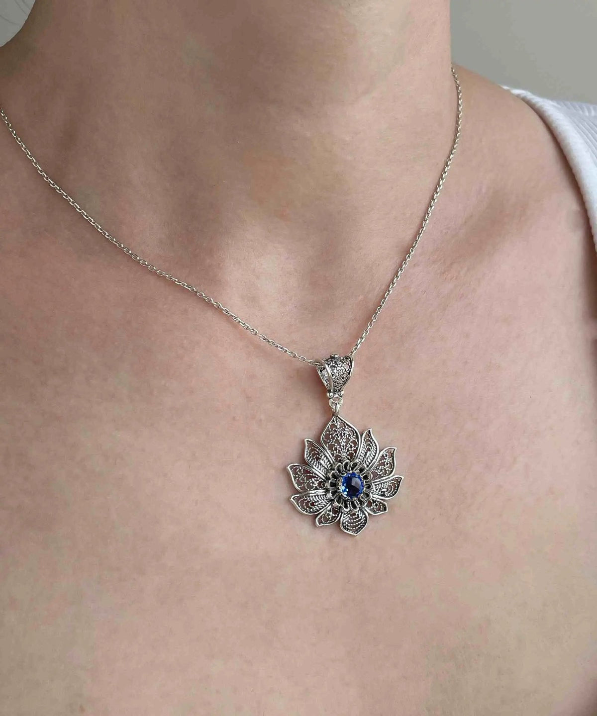 Filigree Art Silver Lotus Flower Blue Quartz Gemstone Women Pendant Necklace - Drakoi Marketplace