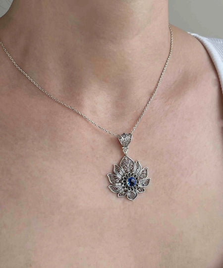 Filigree Art Silver Lotus Flower Blue Quartz Gemstone Women Pendant Necklace - Drakoi Marketplace