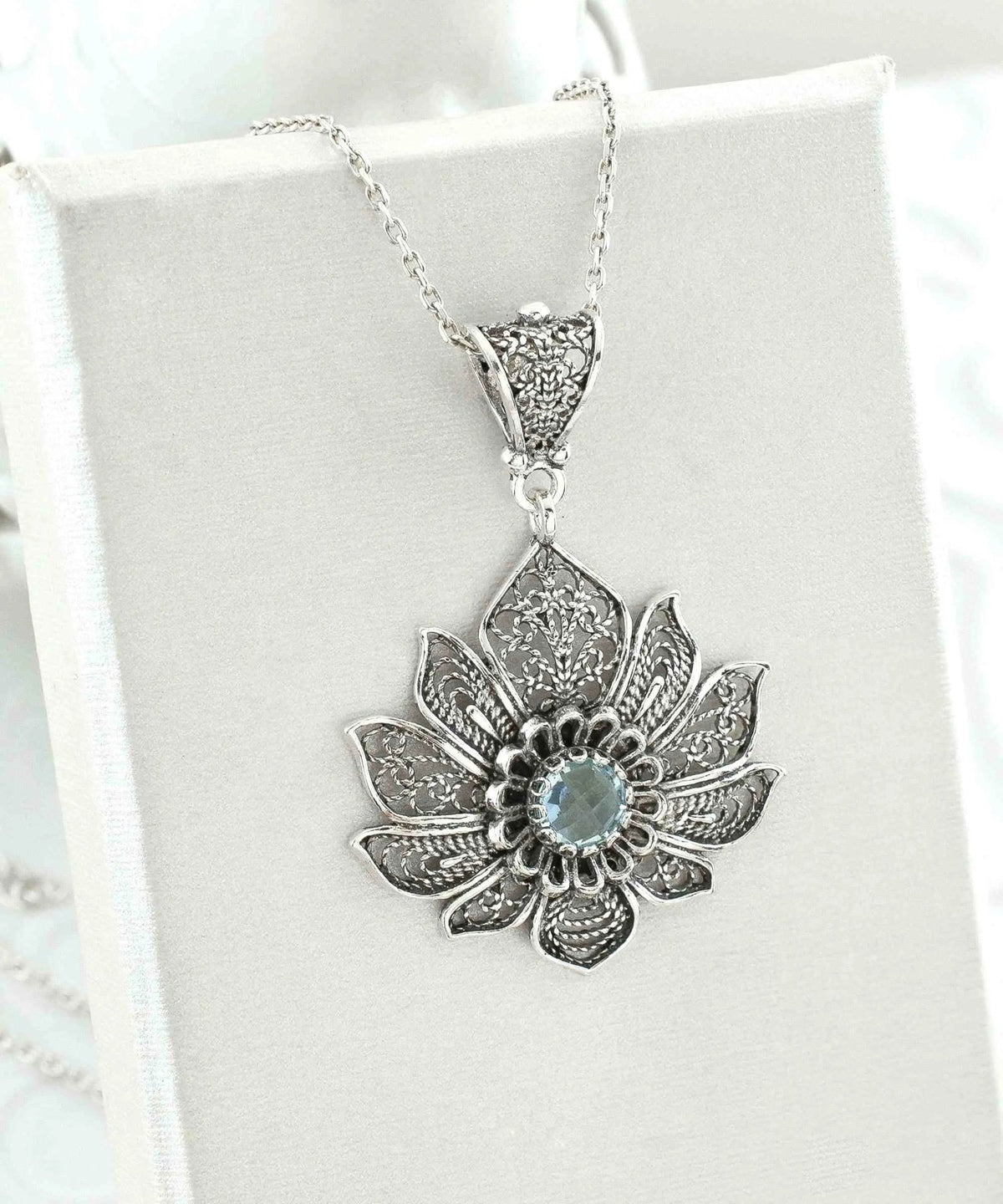 Filigree Art Silver Lotus Flower Blue Topaz Gemstone Women Pendant Necklace - Drakoi Marketplace