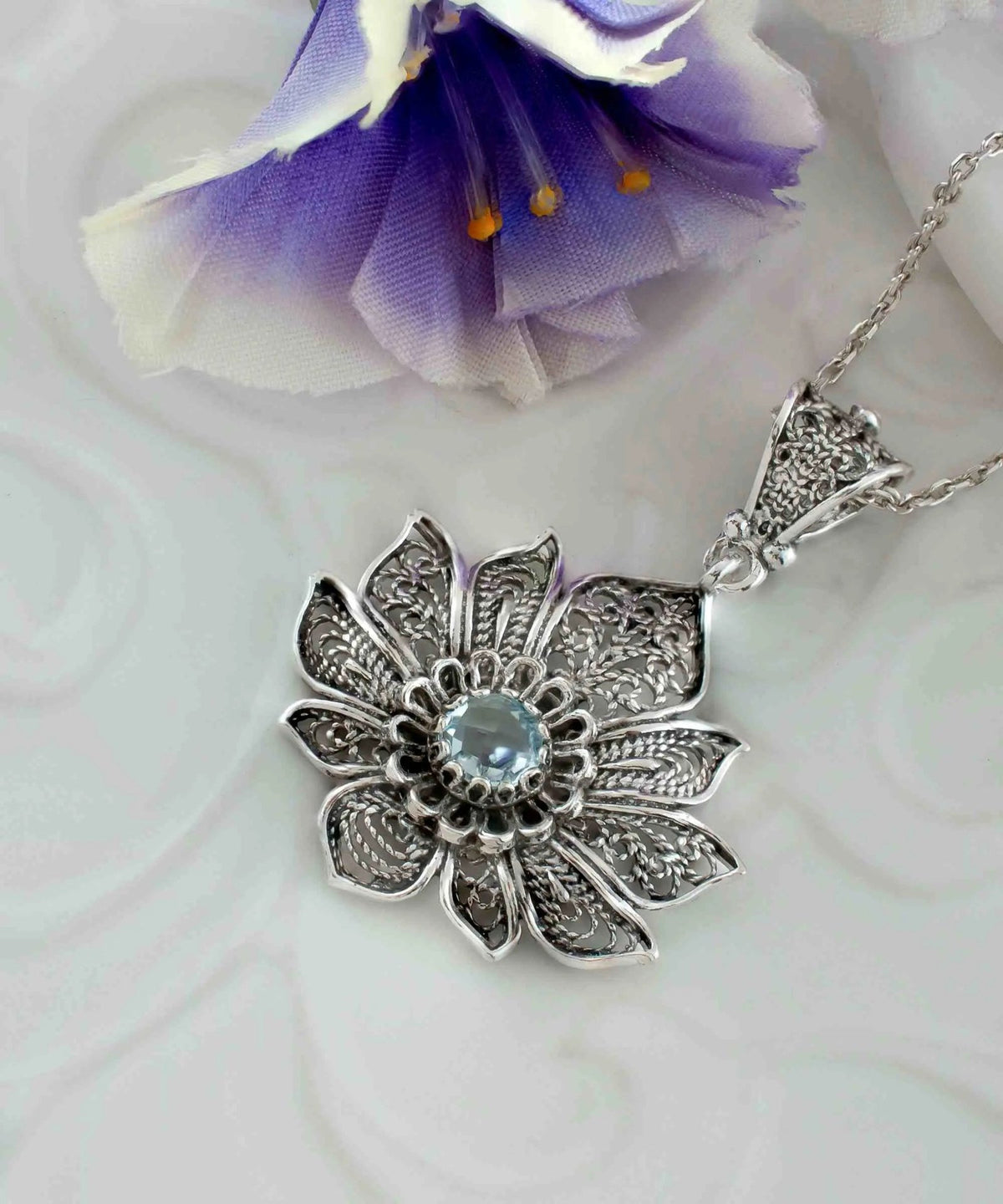 Filigree Art Silver Lotus Flower Blue Topaz Gemstone Women Pendant Necklace - Drakoi Marketplace