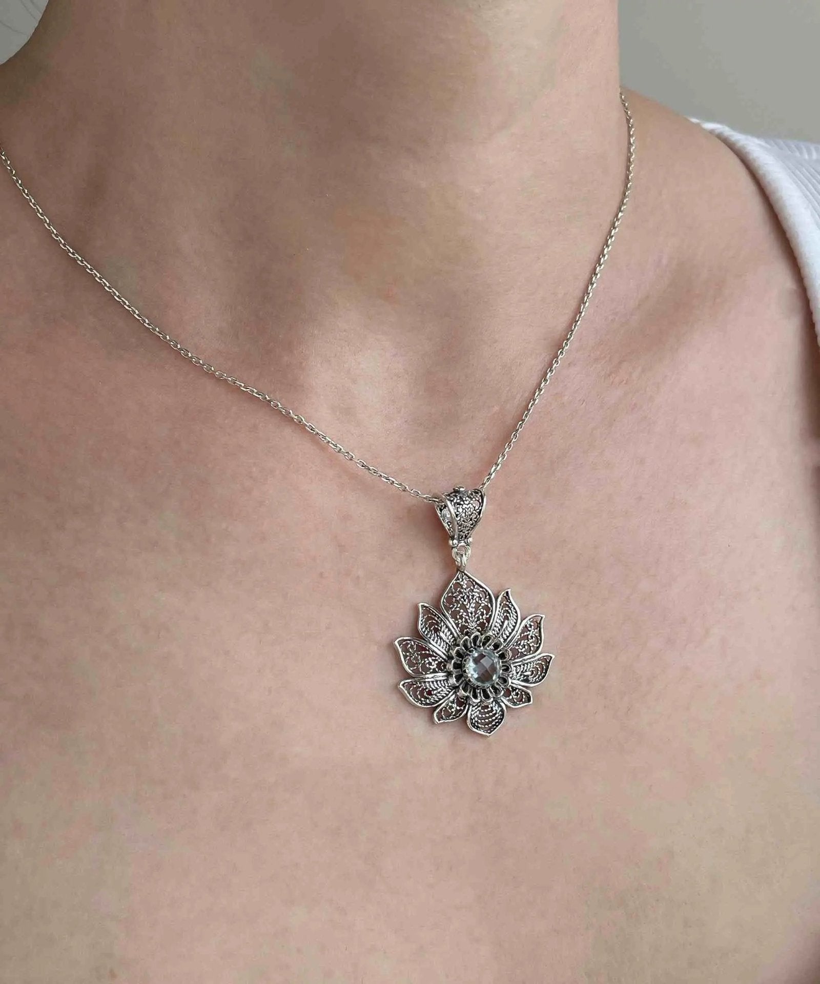 Filigree Art Silver Lotus Flower Blue Topaz Gemstone Women Pendant Necklace - Drakoi Marketplace