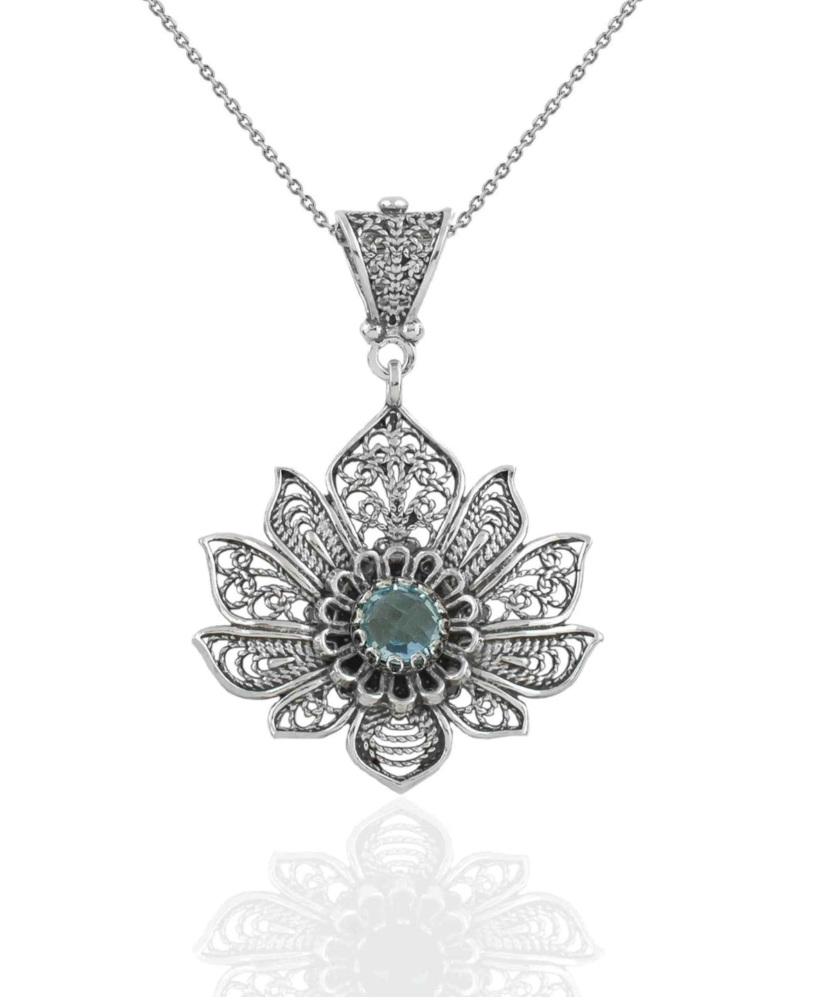 Filigree Art Silver Lotus Flower Blue Topaz Gemstone Women Pendant Necklace - Drakoi Marketplace