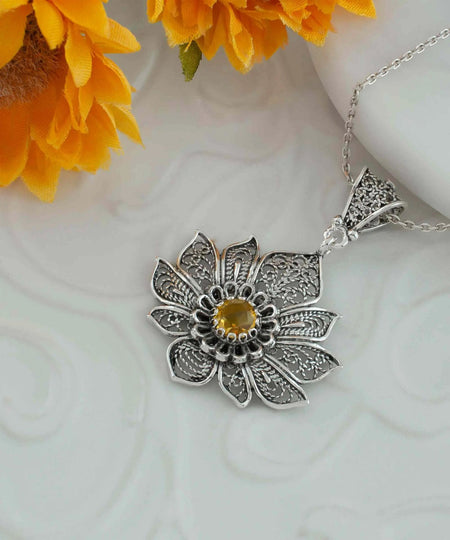 Filigree Art Silver Lotus Flower Citrine Gemstone Women Pendant Necklace - Drakoi Marketplace