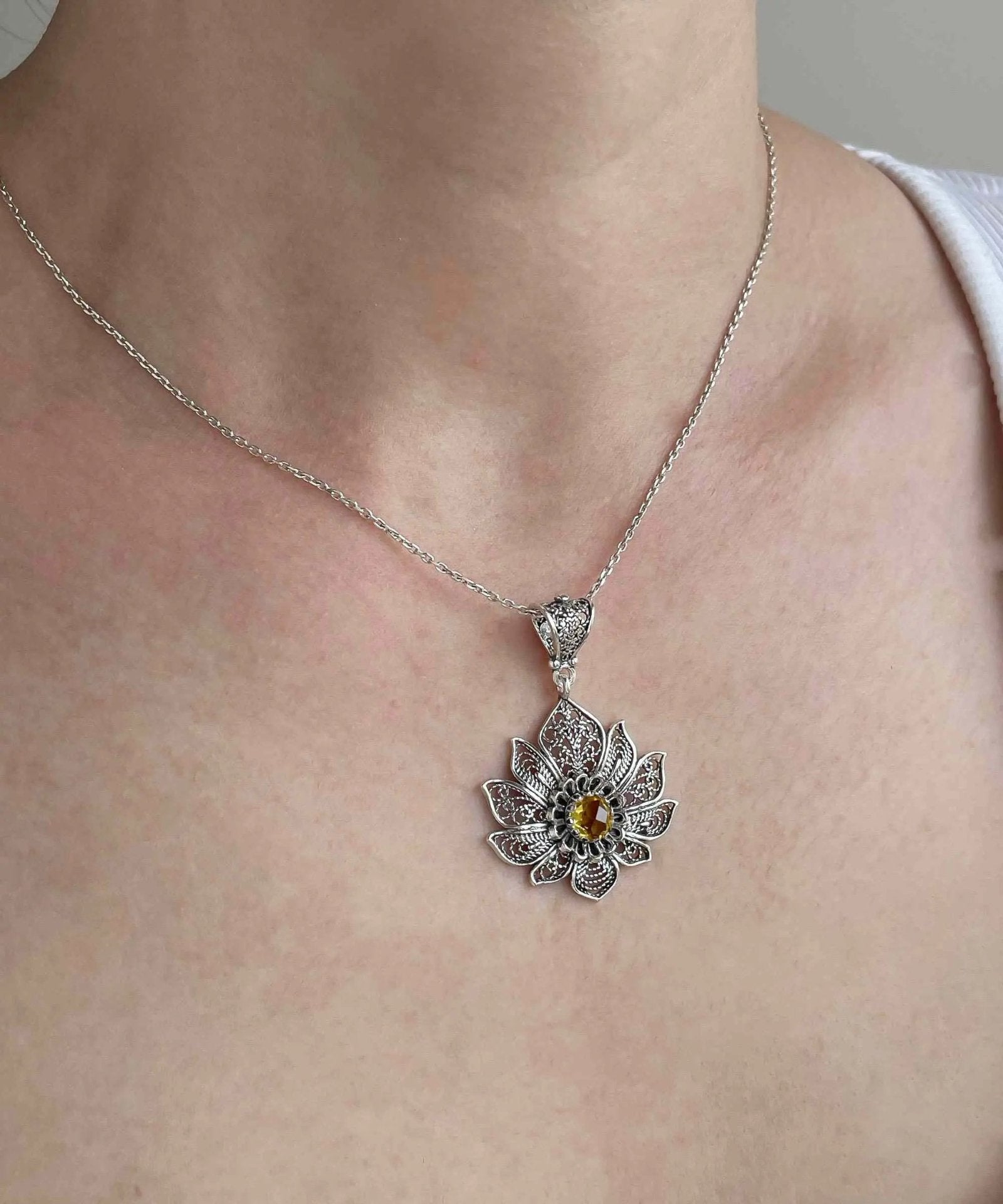 Filigree Art Silver Lotus Flower Citrine Gemstone Women Pendant Necklace - Drakoi Marketplace