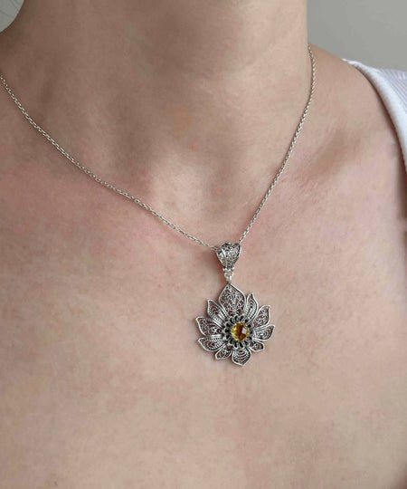 Filigree Art Silver Lotus Flower Citrine Gemstone Women Pendant Necklace - Drakoi Marketplace