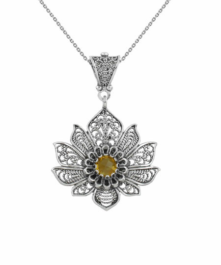 Filigree Art Silver Lotus Flower Citrine Gemstone Women Pendant Necklace - Drakoi Marketplace