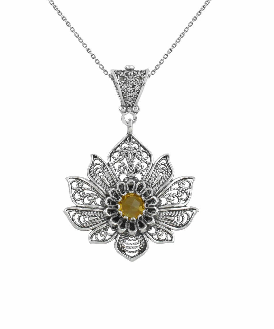 Filigree Art Silver Lotus Flower Citrine Gemstone Women Pendant Necklace - Drakoi Marketplace