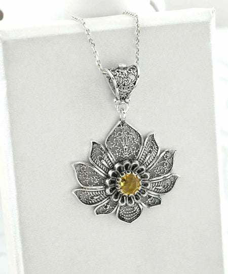 Filigree Art Silver Lotus Flower Citrine Gemstone Women Pendant Necklace - Drakoi Marketplace