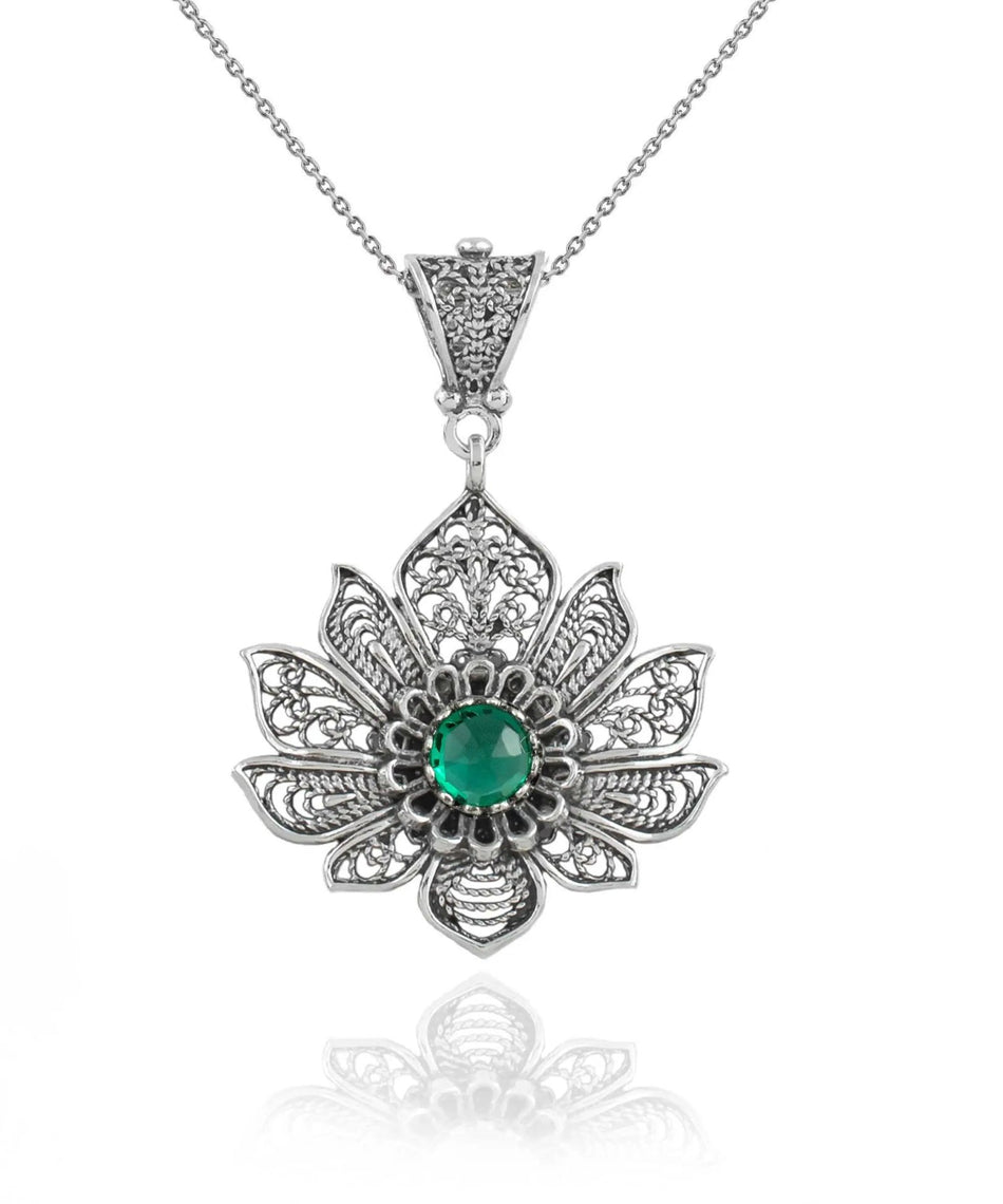 Filigree Art Silver Lotus Flower Emerald Gemstone Women Pendant Necklace - Drakoi Marketplace