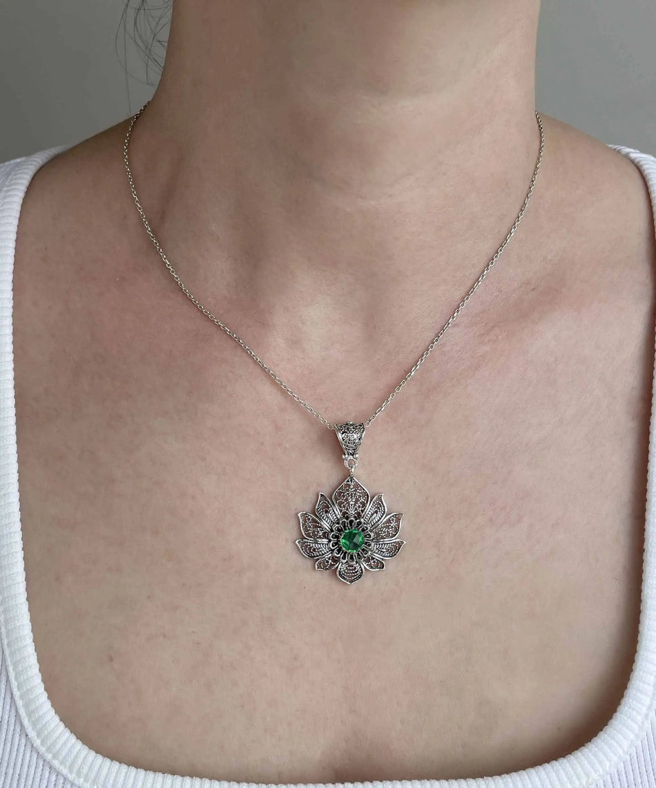 Filigree Art Silver Lotus Flower Emerald Gemstone Women Pendant Necklace - Drakoi Marketplace