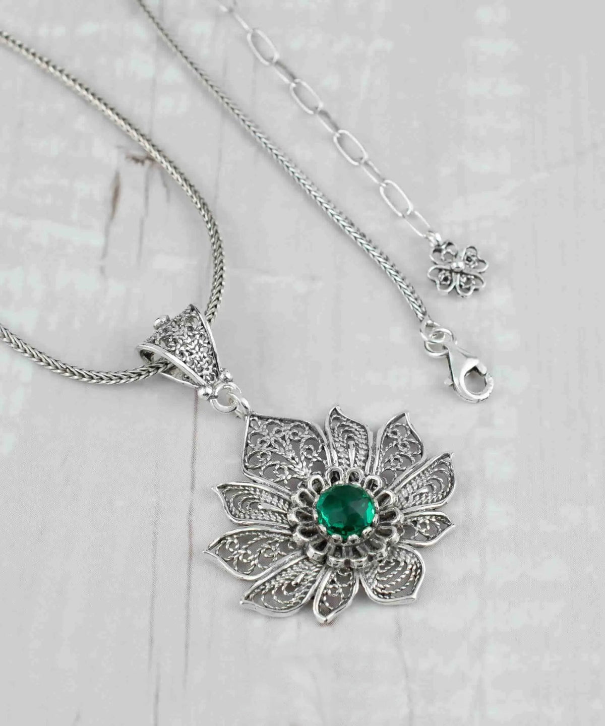 Filigree Art Silver Lotus Flower Emerald Gemstone Women Pendant Necklace - Drakoi Marketplace