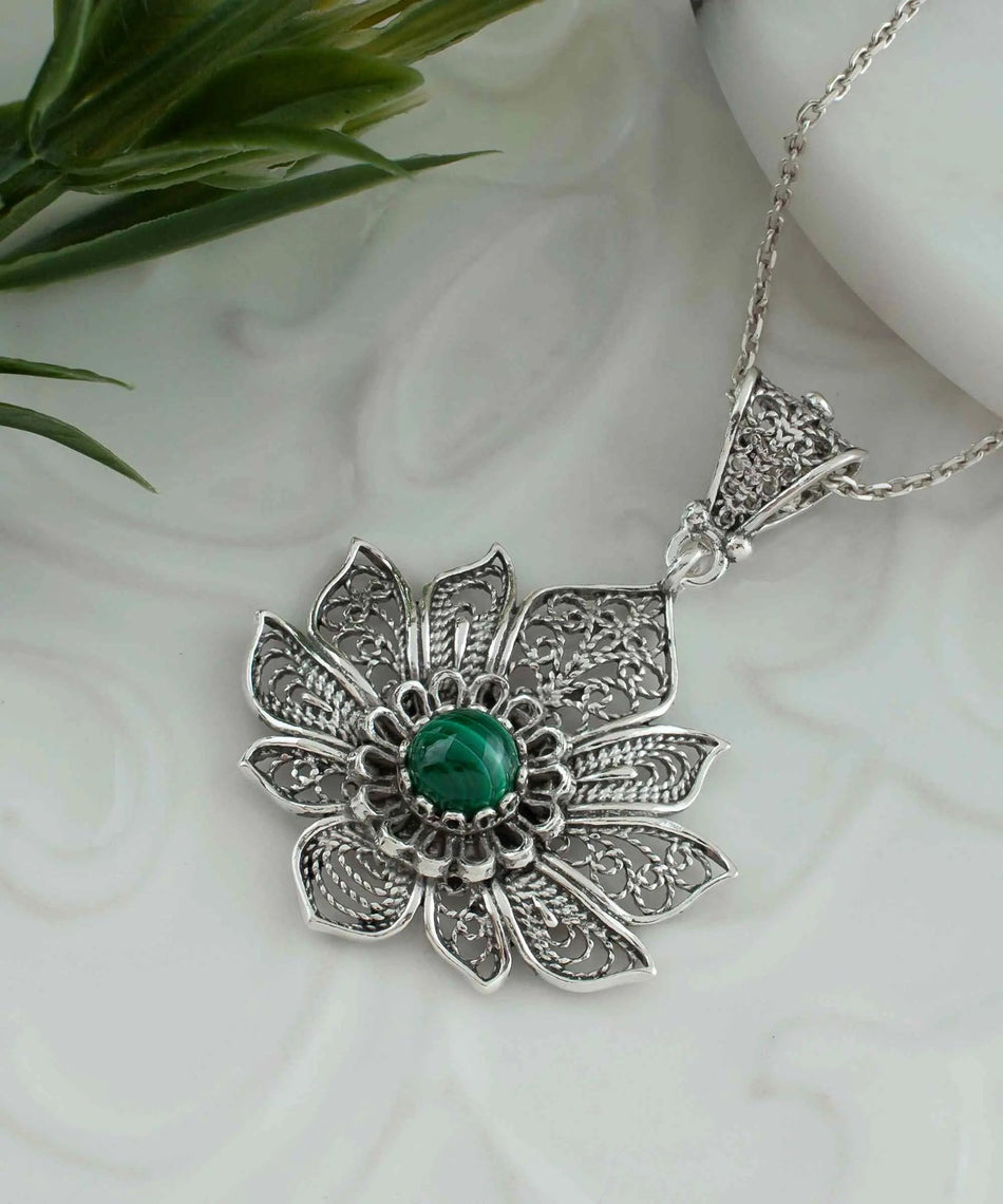 Filigree Art Silver Lotus Flower Malachite Gemstone Women Pendant Necklace - Drakoi Marketplace