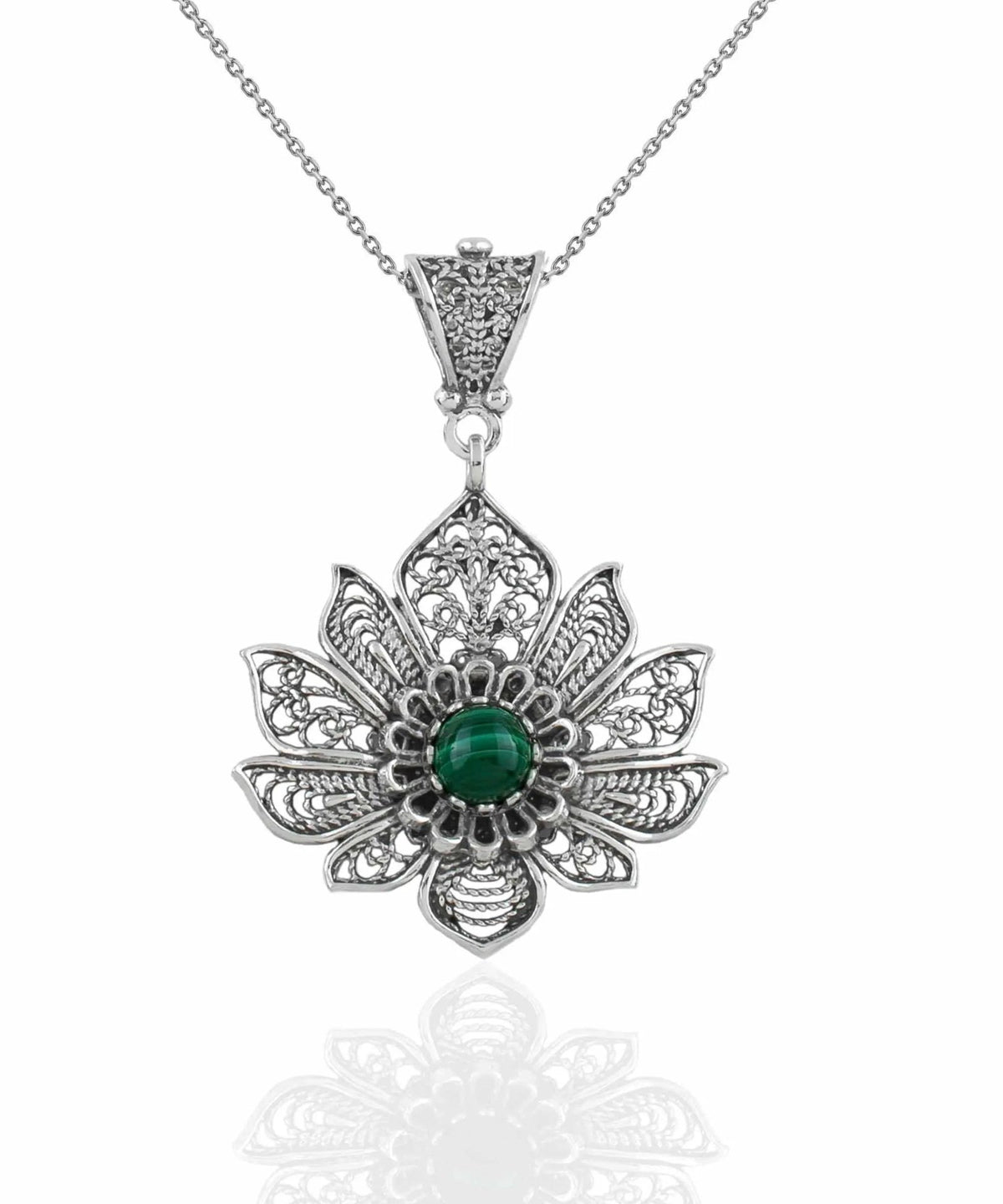 Filigree Art Silver Lotus Flower Malachite Gemstone Women Pendant Necklace - Drakoi Marketplace