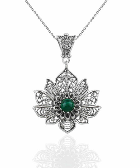 Filigree Art Silver Lotus Flower Malachite Gemstone Women Pendant Necklace - Drakoi Marketplace