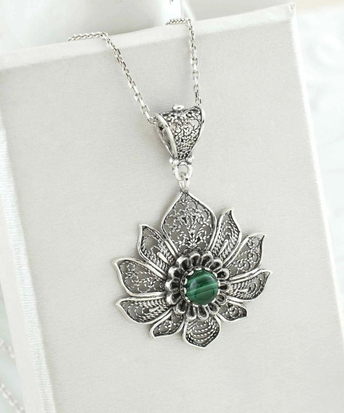 Filigree Art Silver Lotus Flower Malachite Gemstone Women Pendant Necklace - Drakoi Marketplace