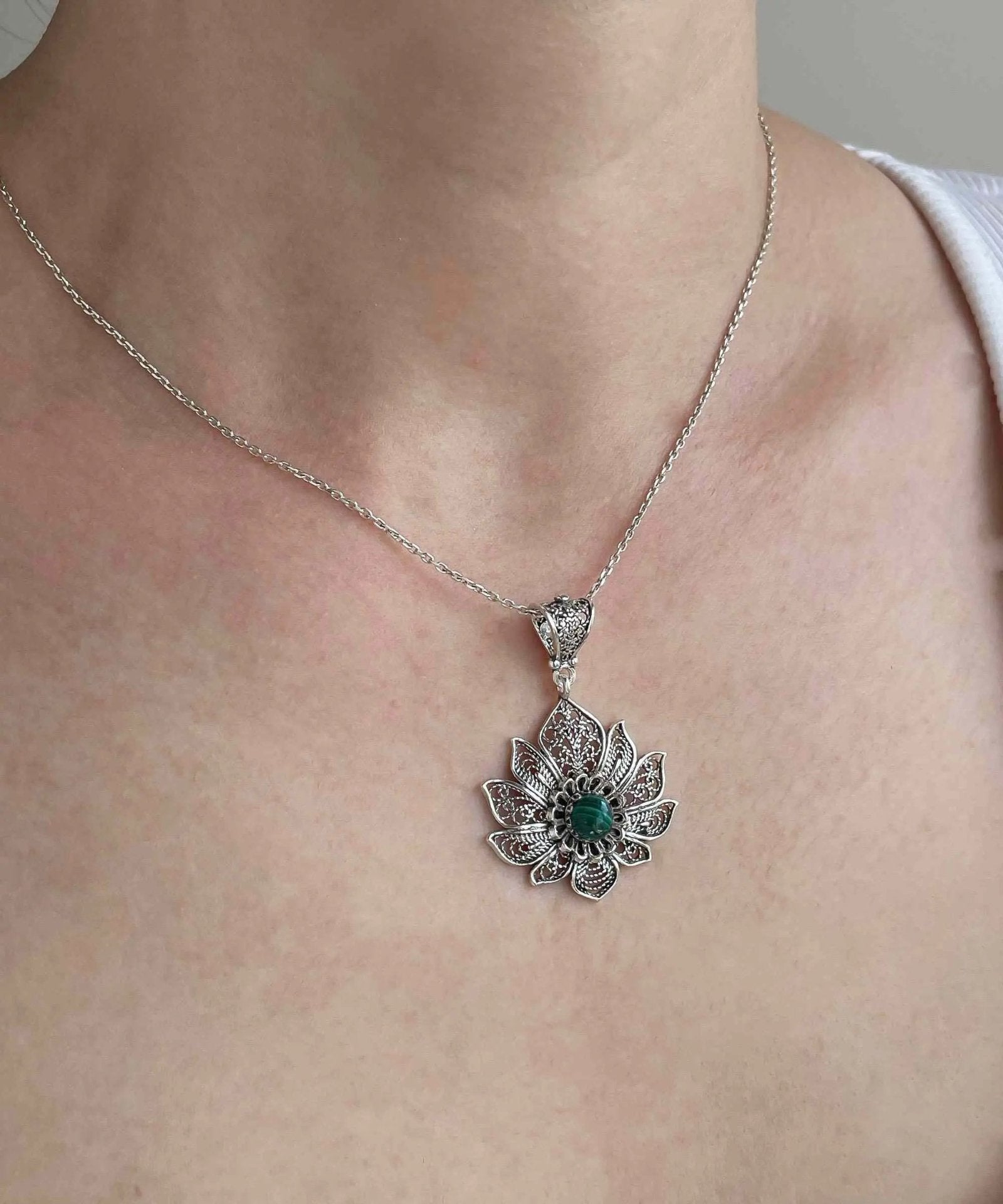 Filigree Art Silver Lotus Flower Malachite Gemstone Women Pendant Necklace - Drakoi Marketplace