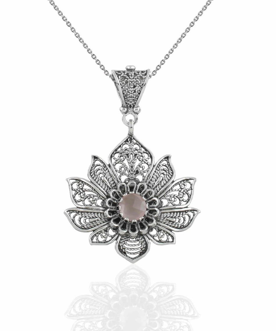 Filigree Art Silver Lotus Flower Pink Chalcedony Gemstone Women Pendant Necklace - Drakoi Marketplace