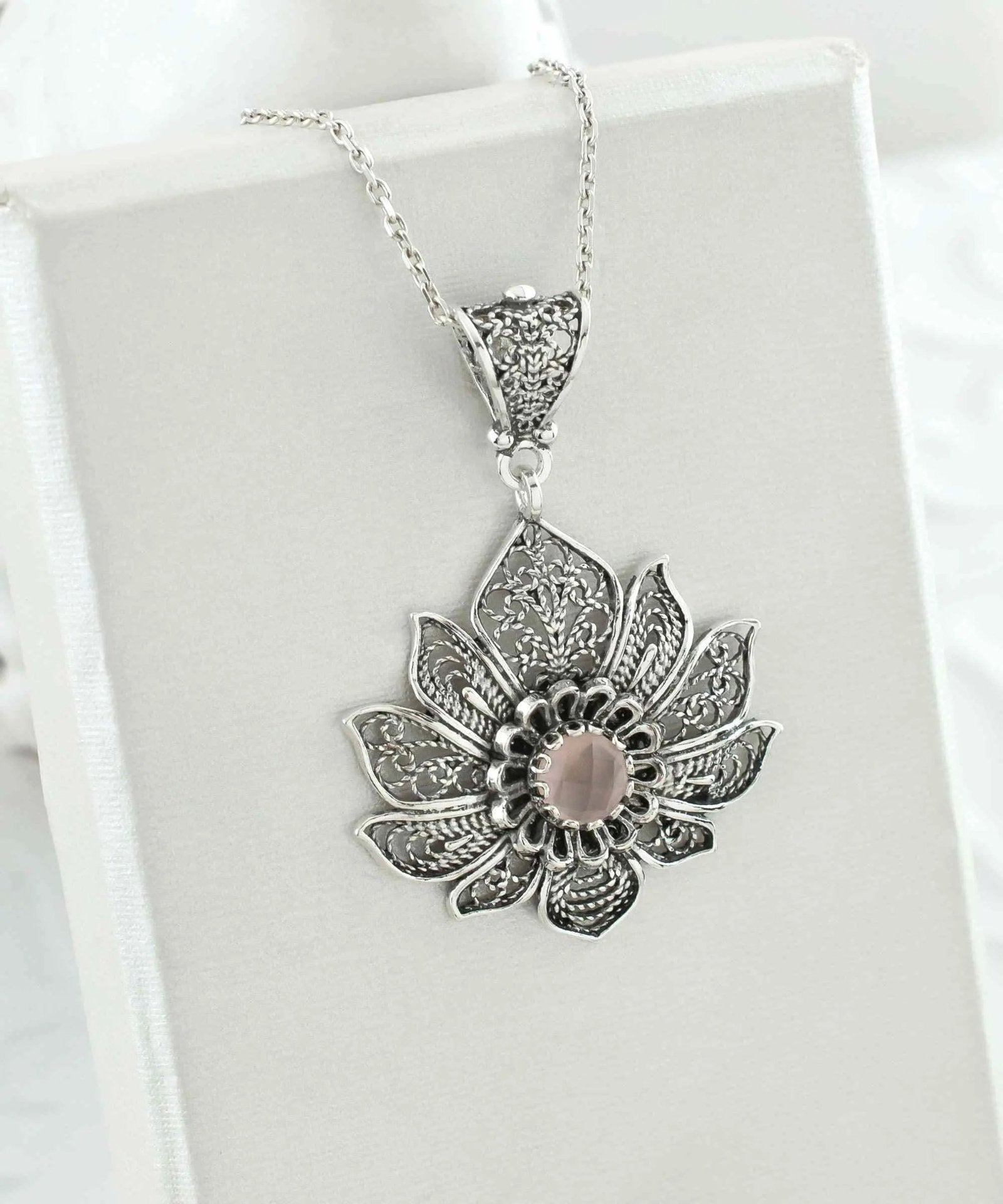 Filigree Art Silver Lotus Flower Pink Chalcedony Gemstone Women Pendant Necklace - Drakoi Marketplace