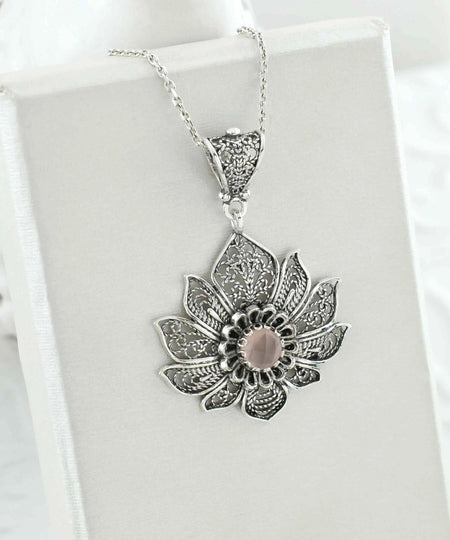 Filigree Art Silver Lotus Flower Pink Chalcedony Gemstone Women Pendant Necklace - Drakoi Marketplace