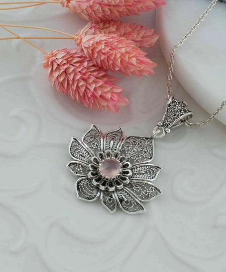 Filigree Art Silver Lotus Flower Pink Chalcedony Gemstone Women Pendant Necklace - Drakoi Marketplace