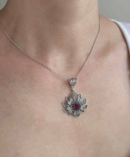 Filigree Art Silver Lotus Flower Ruby Corundum Gemstone Women Pendant Necklace - Drakoi Marketplace