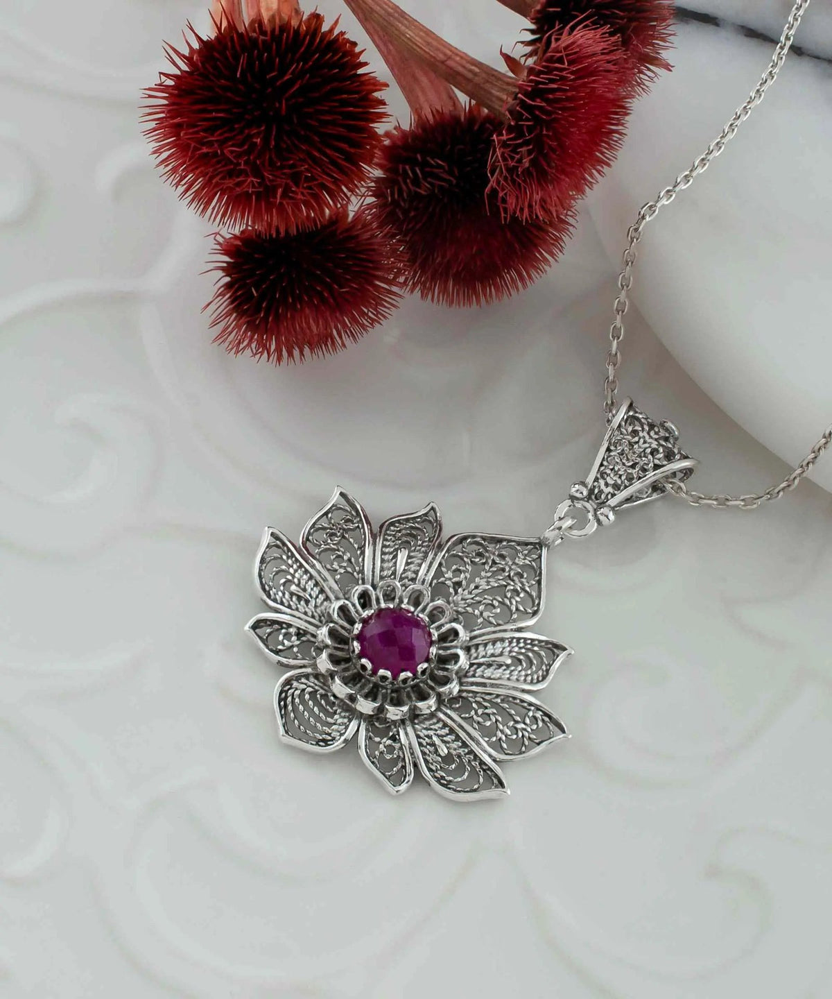 Filigree Art Silver Lotus Flower Ruby Corundum Gemstone Women Pendant Necklace - Drakoi Marketplace