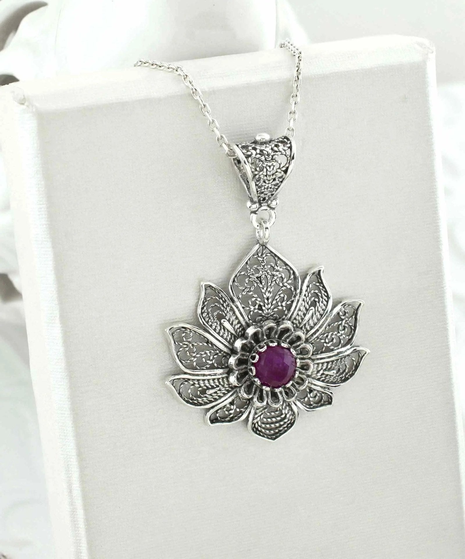 Filigree Art Silver Lotus Flower Ruby Corundum Gemstone Women Pendant Necklace - Drakoi Marketplace