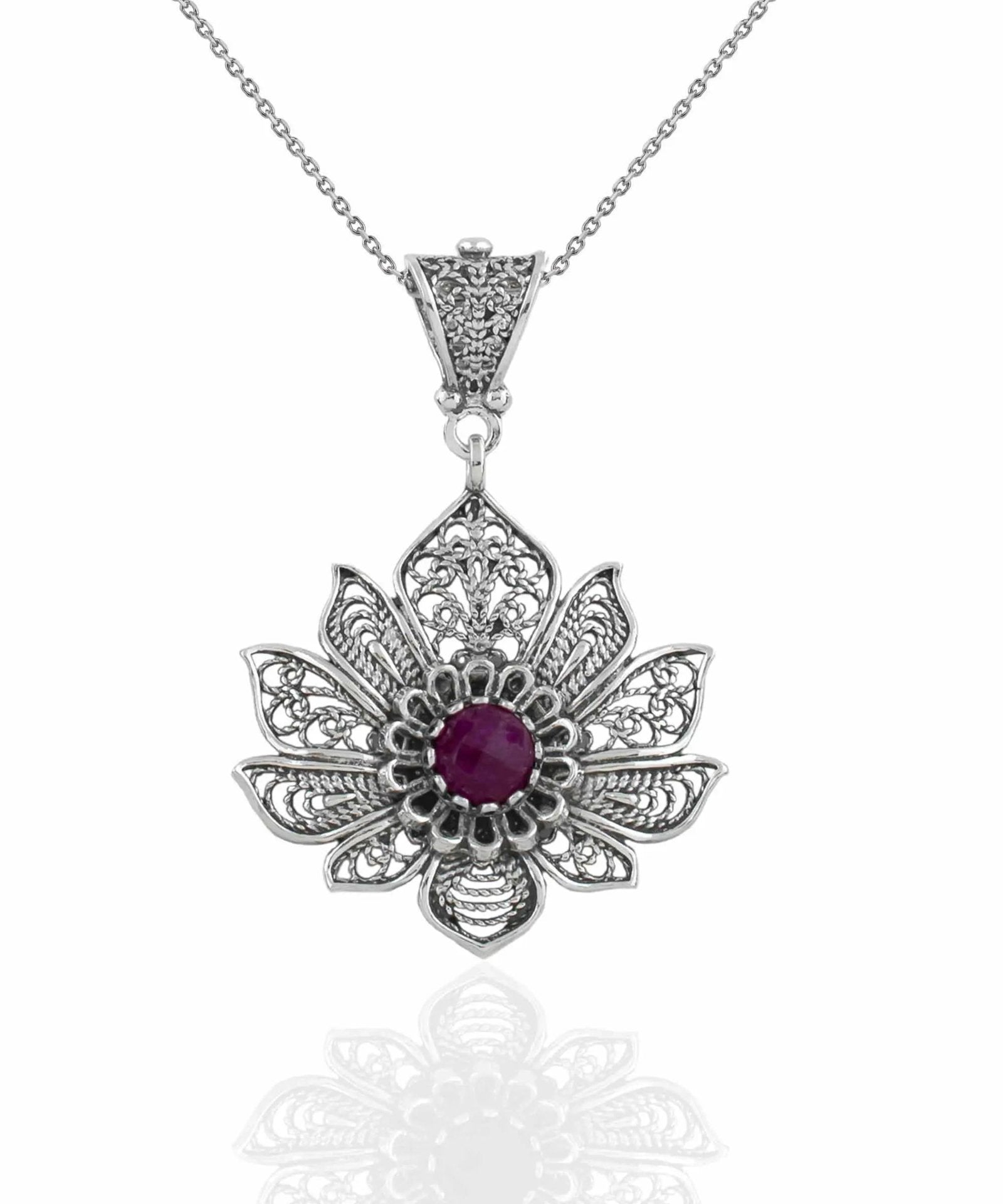 Filigree Art Silver Lotus Flower Ruby Corundum Gemstone Women Pendant Necklace - Drakoi Marketplace