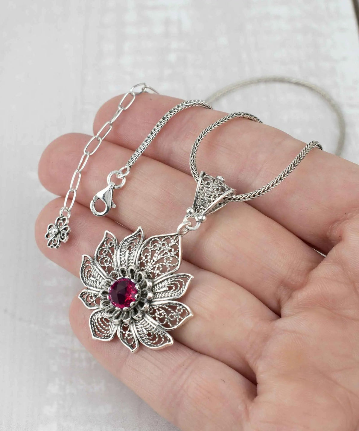 Filigree Art Silver Lotus Flower Ruby Gemstone Women Pendant Necklace - Drakoi Marketplace