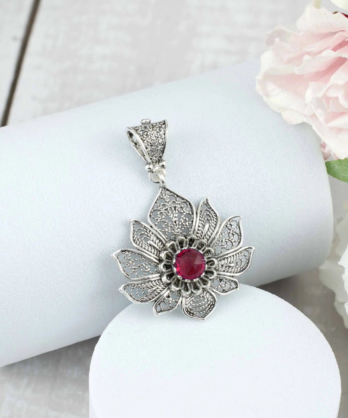 Filigree Art Silver Lotus Flower Ruby Gemstone Women Pendant Necklace - Drakoi Marketplace