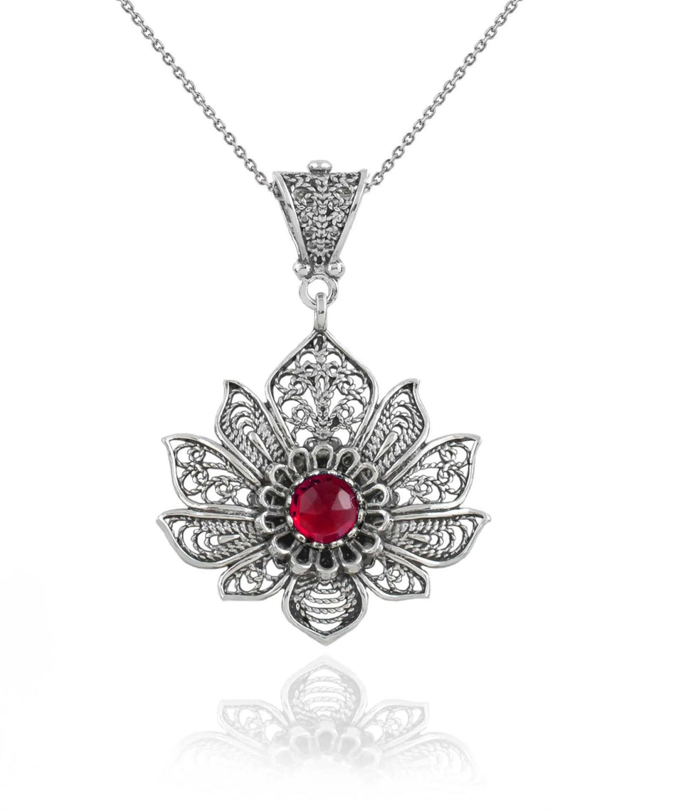 Filigree Art Silver Lotus Flower Ruby Gemstone Women Pendant Necklace - Drakoi Marketplace