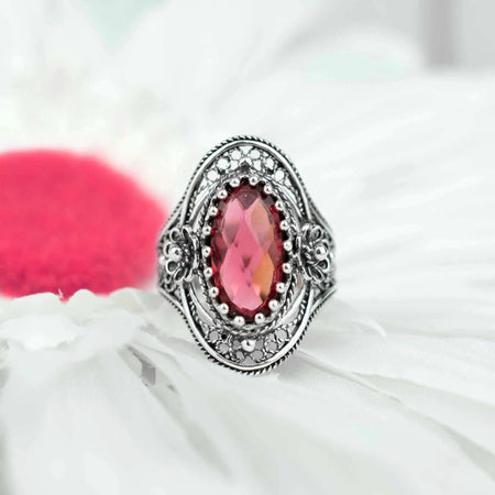 Filigree Art Silver Ruby Gemstone Daisy Figured Woman Statement Ring - Drakoi Marketplace