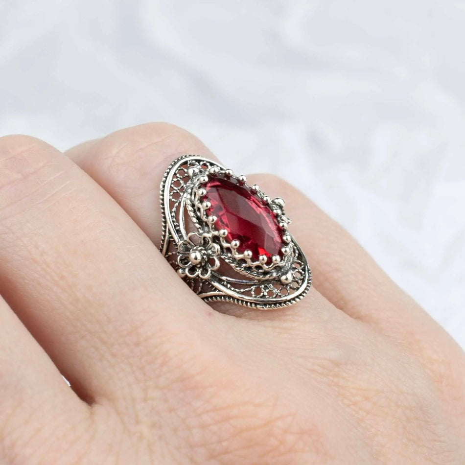 Filigree Art Silver Ruby Gemstone Daisy Figured Woman Statement Ring - Drakoi Marketplace