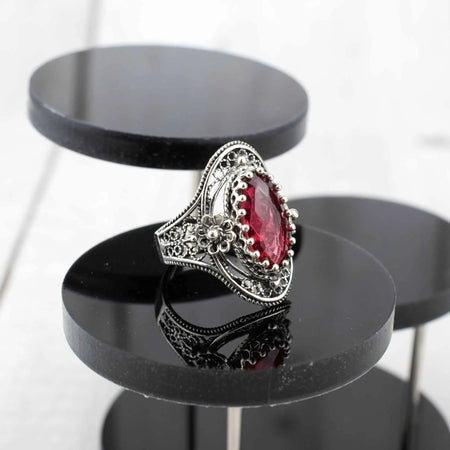 Filigree Art Silver Ruby Gemstone Daisy Figured Woman Statement Ring - Drakoi Marketplace