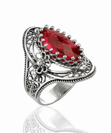 Filigree Art Silver Ruby Gemstone Daisy Figured Woman Statement Ring - Drakoi Marketplace