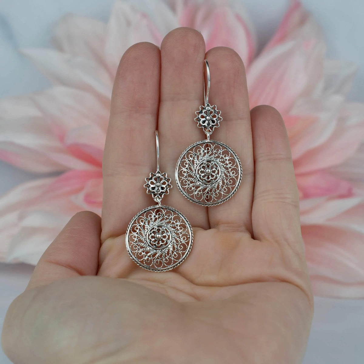 Filigree Art Spiral Flower Figured Women Sterling Silver Dangle Drop Earrings - Drakoi Marketplace