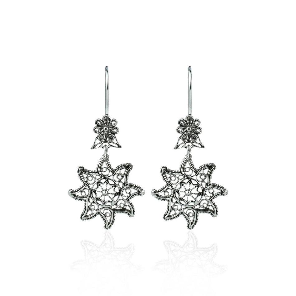 Filigree Art Star Figured Women Sterling Silver Dangle Drop Earrings - Drakoi Marketplace
