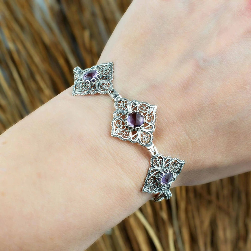 Filigree Art Sterling Silver Amethyst Gemstone Woman Adjustable Link Bracelet - Drakoi Marketplace