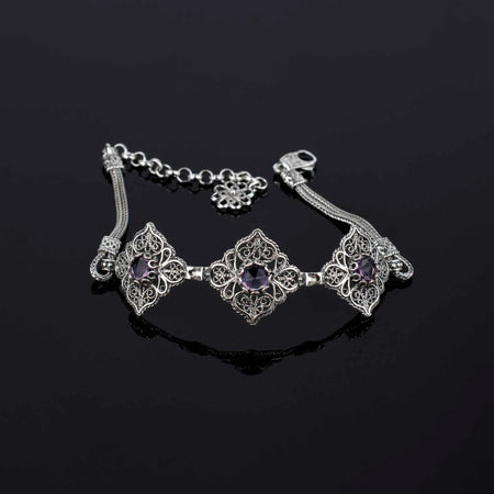 Filigree Art Sterling Silver Amethyst Gemstone Woman Adjustable Link Bracelet - Drakoi Marketplace