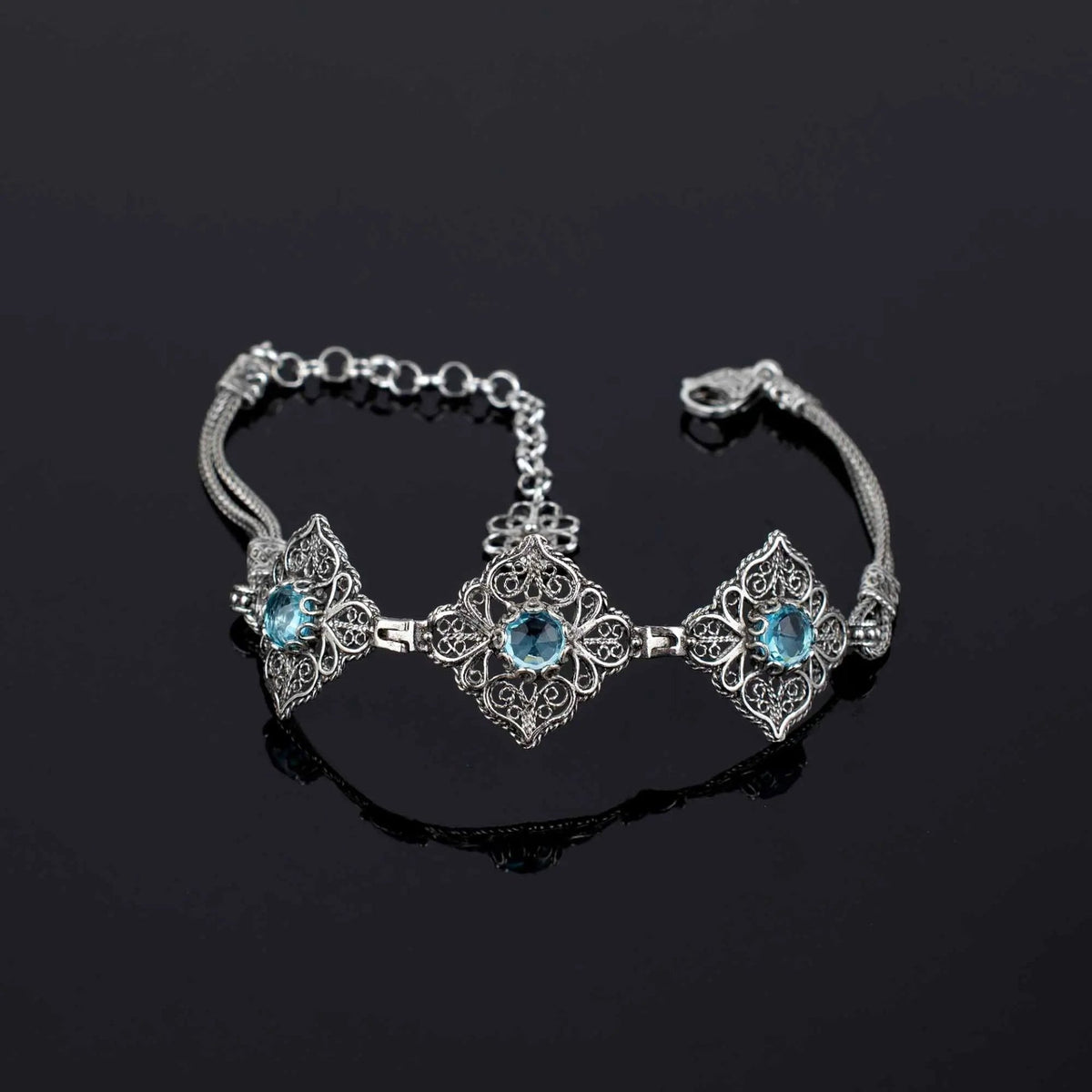 Filigree Art Sterling Silver Blue Topaz Gemstone Woman Adjustable Link Bracelet - Drakoi Marketplace