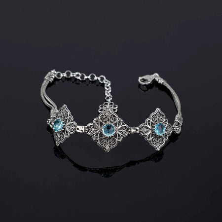 Filigree Art Sterling Silver Blue Topaz Gemstone Woman Adjustable Link Bracelet - Drakoi Marketplace