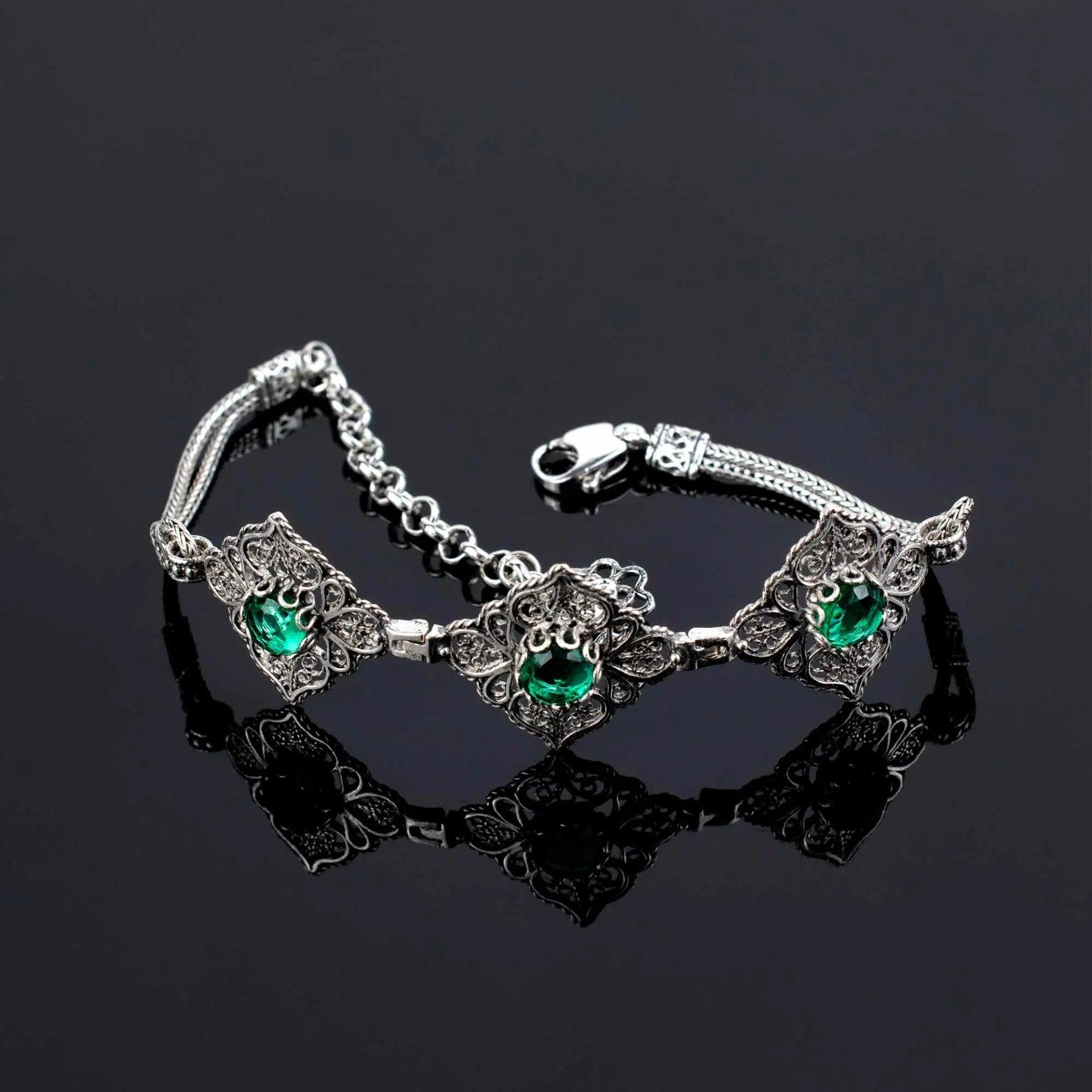 Filigree Art Sterling Silver Emerald Gemstone Woman Adjustable Link Bracelet - Drakoi Marketplace