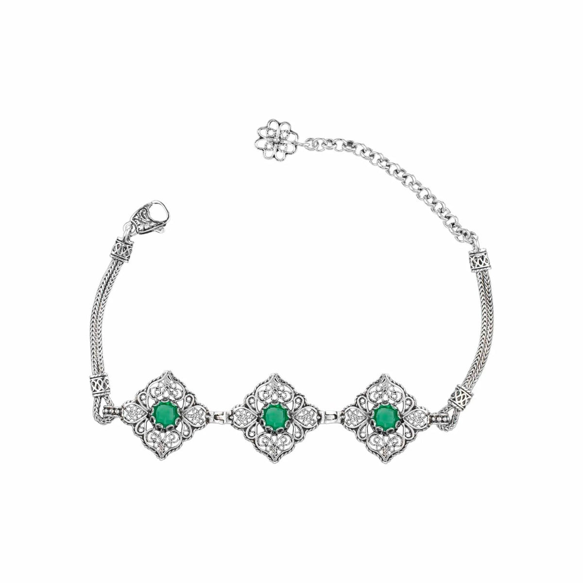 Filigree Art Sterling Silver Emerald Gemstone Woman Adjustable Link Bracelet - Drakoi Marketplace