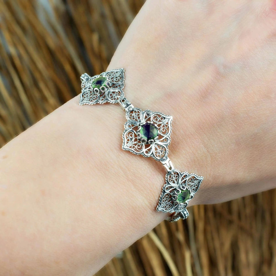 Filigree Art Sterling Silver Emerald Gemstone Woman Adjustable Link Bracelet - Drakoi Marketplace