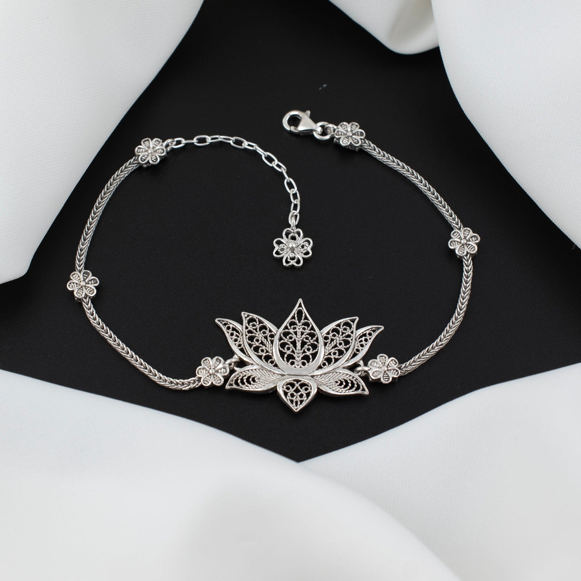 Filigree Art Sterling Silver Lotus Flower Woman Link Bracelet - Drakoi Marketplace