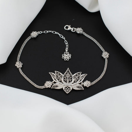 Filigree Art Sterling Silver Lotus Flower Woman Link Bracelet - Drakoi Marketplace