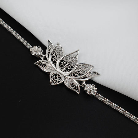 Filigree Art Sterling Silver Lotus Flower Woman Link Bracelet - Drakoi Marketplace