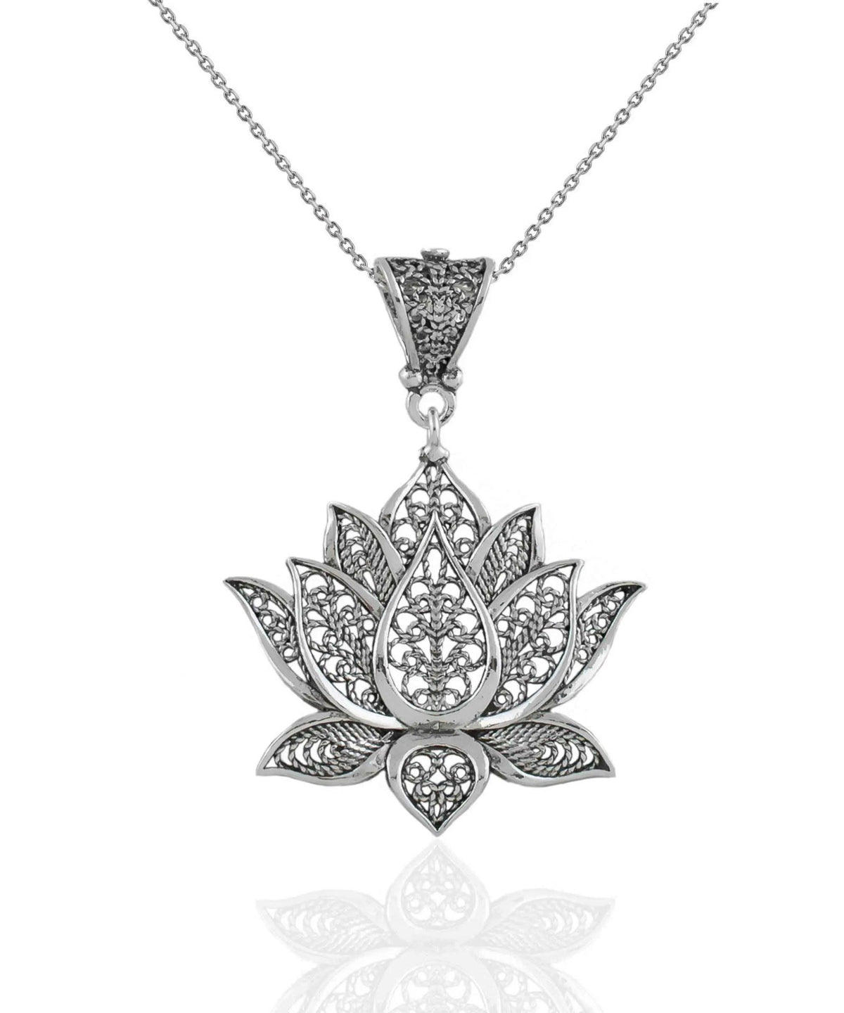 Filigree Art Sterling Silver Lotus Flower Women Pendant Necklace - Drakoi Marketplace