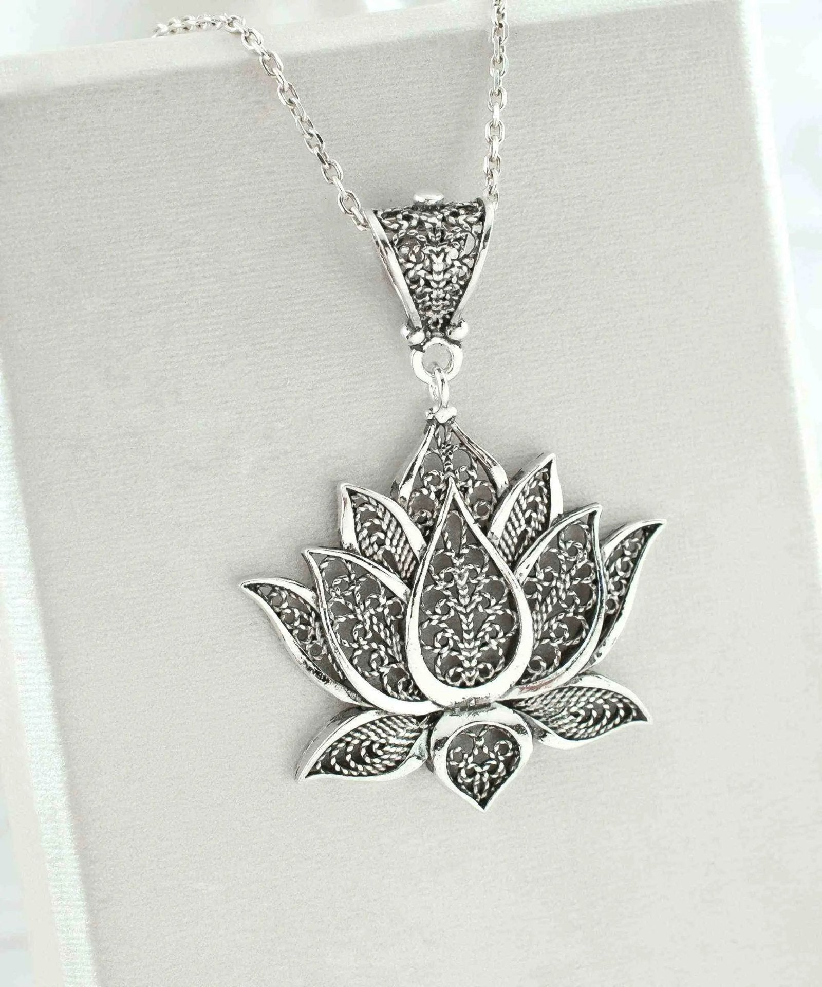 Filigree Art Sterling Silver Lotus Flower Women Pendant Necklace - Drakoi Marketplace