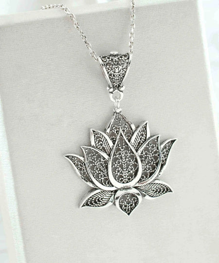 Filigree Art Sterling Silver Lotus Flower Women Pendant Necklace - Drakoi Marketplace